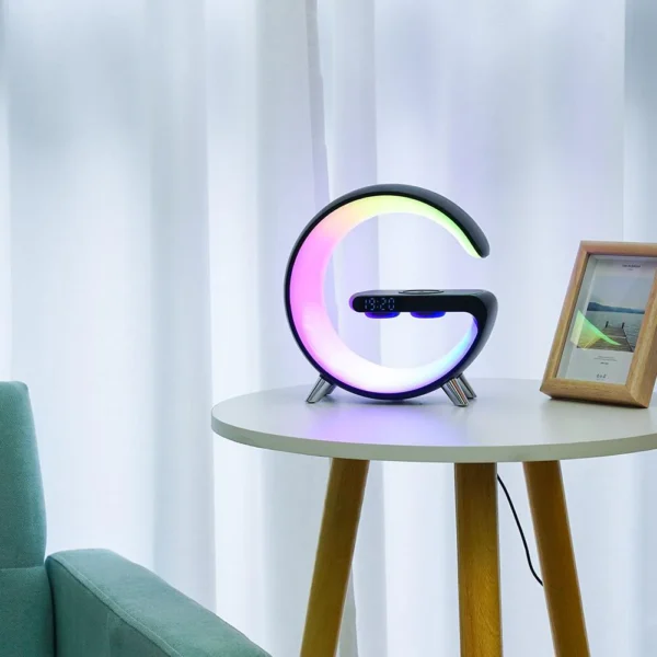 Upgrade your charging experience with RAGOBA™ Wireless Charger! Get a 4-in-1 bedside lamp, RGB light, wireless charger, Bluetooth speaker, and alarm clock.