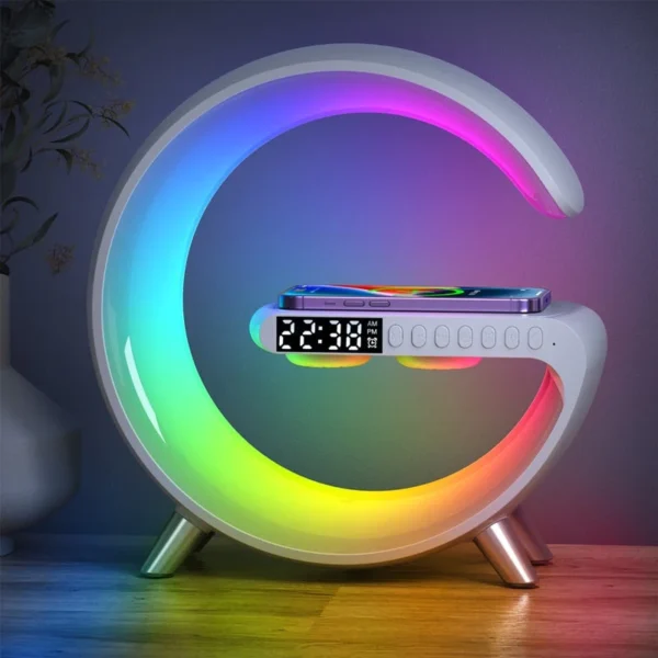 Upgrade your charging experience with RAGOBA™ Wireless Charger! Get a 4-in-1 bedside lamp, RGB light, wireless charger, Bluetooth speaker, and alarm clock.