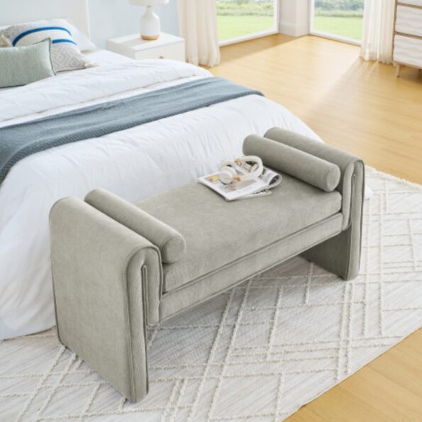 Gray Linen Fabric Bedroom Stool with Large Storage Space_1