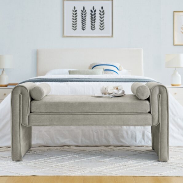 Gray Linen Fabric Bedroom Stool with Large Storage Space_2