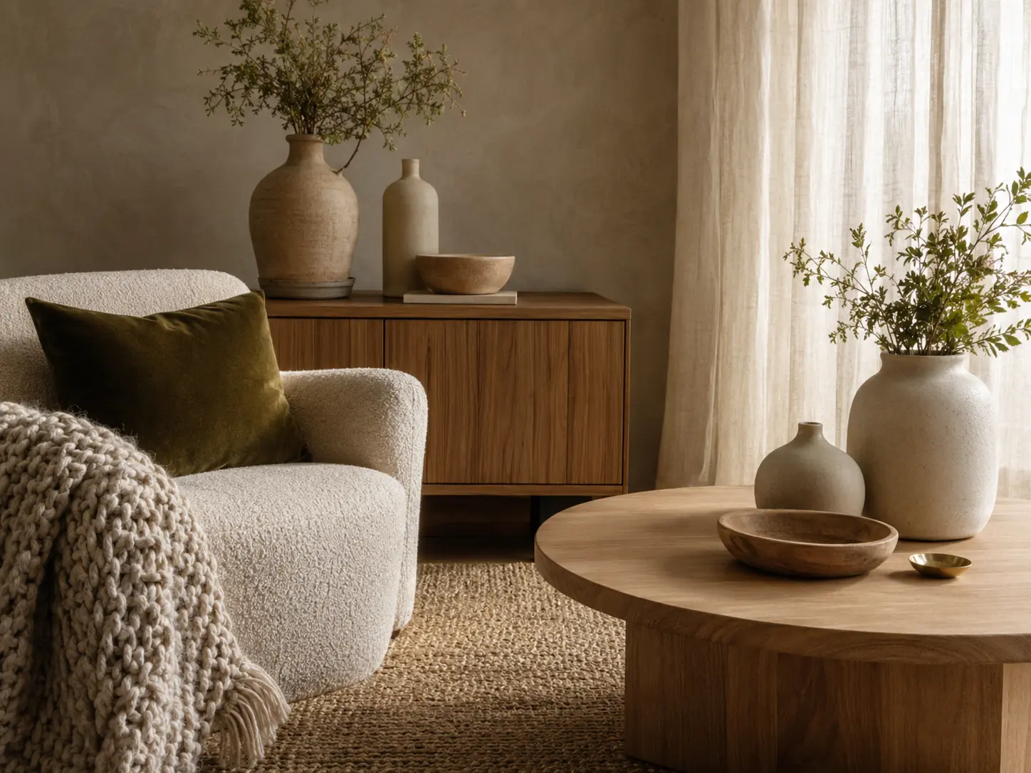 Layered cushions and natural textures in a living room