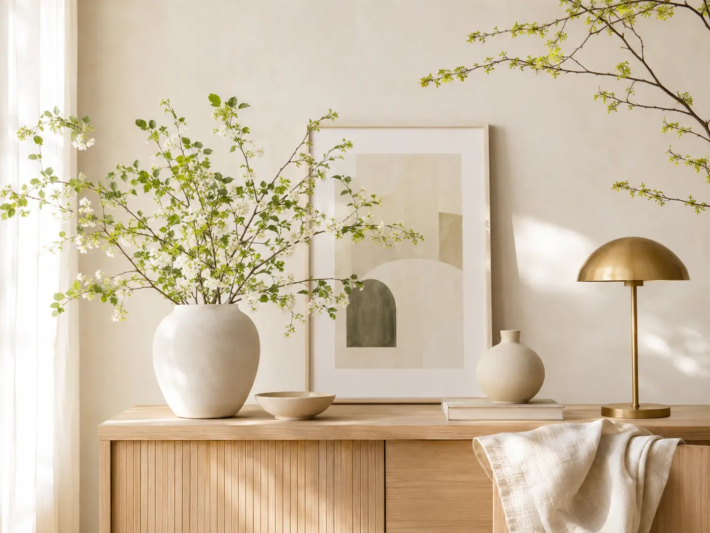 Fresh spring home decor with natural greenery