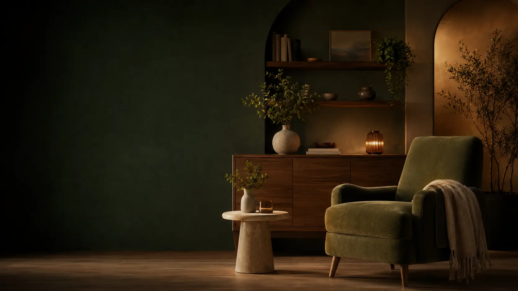 Warm interior with green armchair and wood furniture
